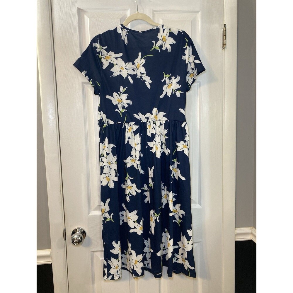 OUGES Navy Floral Wrap Dress Short Sleeve Knee Length XL Pockets - Picture 2 of 9